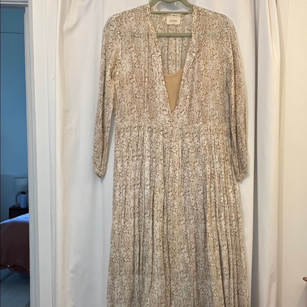 Cream and Brown Long Sleeve Dress